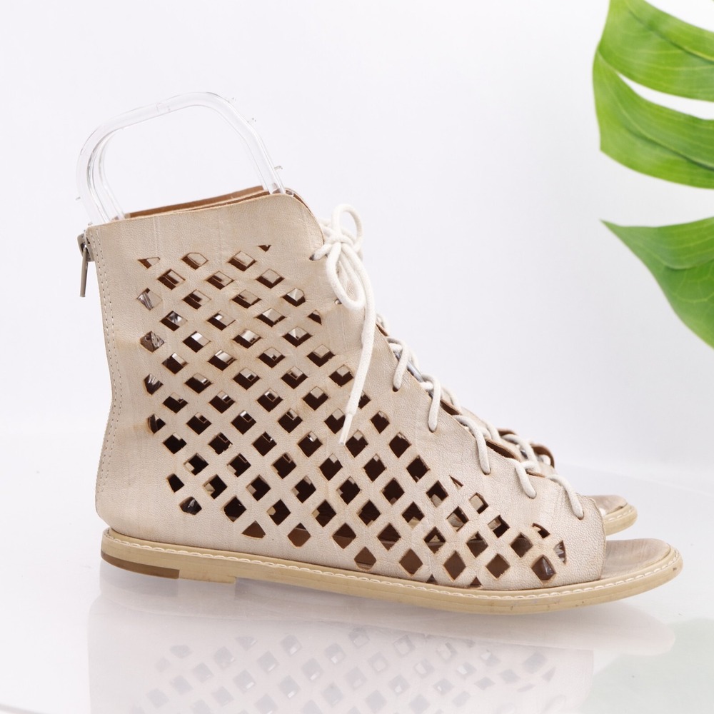 ALL BLACK Womens Sandals Shoe Size 37 6.5 Beige Suede Gladiator Lace Up Zip Flat